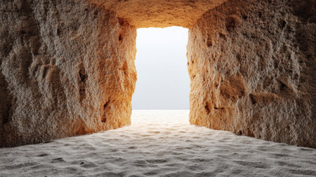 An eroded stone wall opens to reveal soft light beyond, portraying the passage of time and evoking a sense of contemplation.の素材