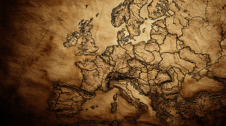 The background features a vintage map of Europe with intricate details but lacks labels. The map highlights borders and landforms.の素材