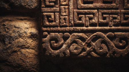 A close-up view of a carved stone surface with intricate patterns representing historical problem-solving techniques and ideas.の素材