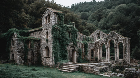 Nature has reclaimed a city, with vines on stone walls and trees enveloping the ruins, showcasing the passage of time.の素材