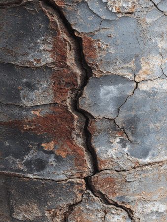 Surface of iron shows deep cracks, rust veins, and scratches, revealing a history of wear and weathering over time.の素材