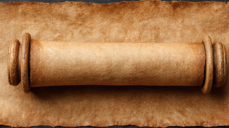 The background shows an old scroll with natural paper grain and worn edges resting on a textured surface.の素材