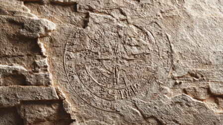 Detailing an ancient map carved into stone shows how early societies documented landscapes and navigated their world through planning methods.の素材