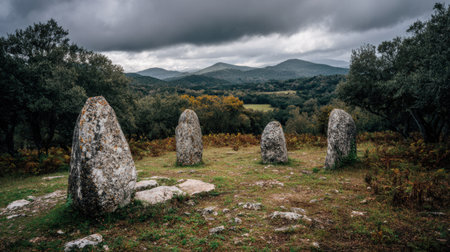 Ancient stone structures stand in an ecological landscape surrounded by mountains and trees, illustrating the connection between nature and history.の素材