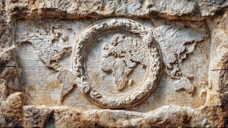 Ancient maps carved into a stone surface show world geography, highlighting planning and foresight in understanding land and exploration.の素材