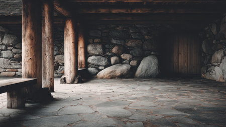 A construction site features rough stone walls and wooden pillars in a historic setting during daylight hours.の素材