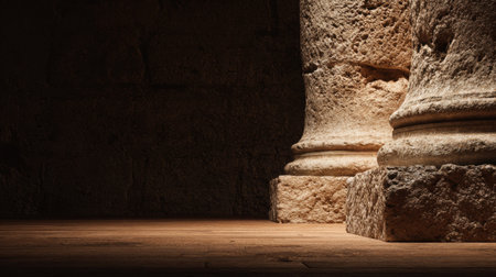 Light softly illuminates a stone surface in a historical setting, revealing the texture and age of the material.の素材