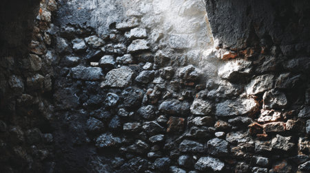 Soft daylight shines on a rough stone wall, showing the texture and age of the materials used in this long standing foundation.の素材