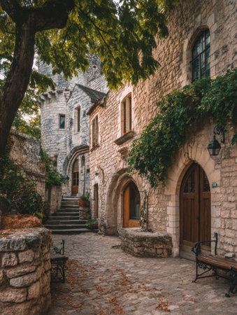 A cobblestone pathway connects thick stone walls and old buildings with green vines. The area has seating for rest, inviting visitors to explore.の素材