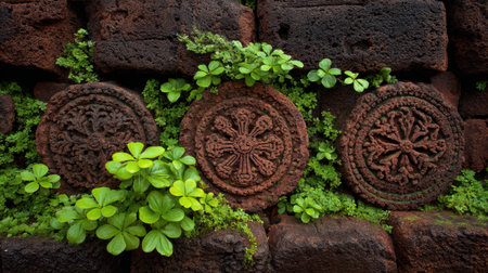 Ancient stone pieces are surrounded by green plants, showing the connection between history and nature in this environment.の素材