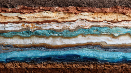 Colors and patterns of soil and stone layers display the earths history, showing how geological materials have changed over a long period.の素材