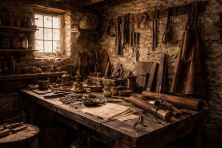 The scene shows a crafting area with tools and materials arranged on a wooden table. Light enters through a window and illuminates the space.の素材
