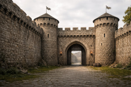 Stone walls surround a castle entrance featuring two towers and a wooden gate, with cloudy skies and a visible pathway leading to the structure.の素材