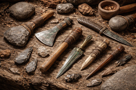 Various ancient tools made from stone and metal are arranged on a wooden surface, surrounded by small rocks and other artifacts.の素材