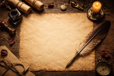 Old parchment sits with a quill, ink, and a candle on a wooden table surrounded by rolled parchment and decorative items during evening.の素材