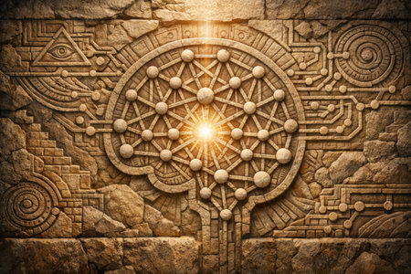 A stone surface displays complex geometric patterns and a bright center. The artwork suggests an ancient culture and design.の素材