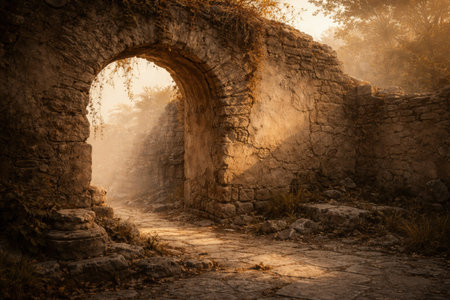Sunlight filters through an ancient stone archway in ruins surrounded by vegetation, creating a mysterious atmosphere in the early morning light.の素材