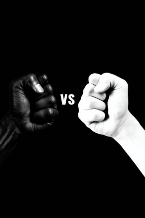 Two fists in black and white face each other, showing a clear choice and representing strong contrasts in ideas and perspectives.の素材