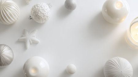 Decorative white ornaments and a candle are arranged on a clean white surface for a seasonal gathering in winter.の素材