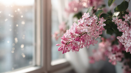 Sunlight streams through a window, illuminating lilac flowers. The scene captures the freshness of spring and the beauty of nature.の素材