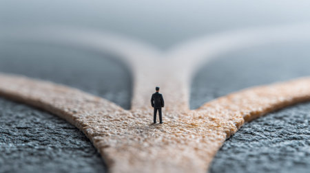 A small figure stands alone at a split path symbolizing choices in business decisions for an early startup. The scene is simple and focused.の素材