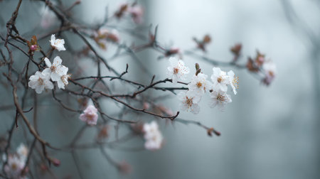 Fresh blossoms on branches mark the arrival of spring with soft colors and light atmosphere, signaling new beginnings in nature during early spring.の素材