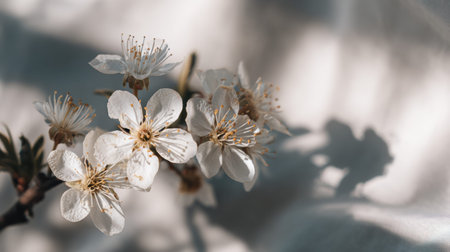 Delicate white flowers on a light background, with shadows enhancing their beauty, signal the arrival of spring in nature.の素材