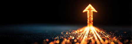 An upward arrow glows on a dark background, indicating the path to future growth in finance and investments.の素材