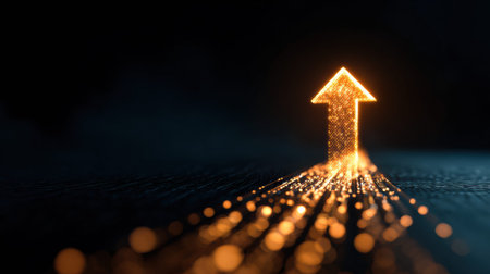An upward glowing arrow shines against a dark background, representing the journey of investment and the path to financial success.の素材