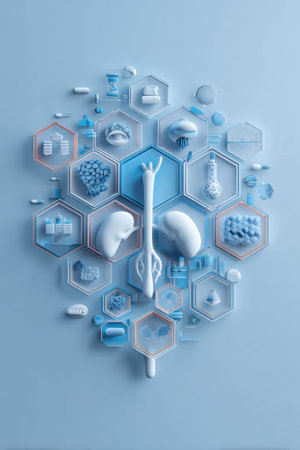 A modern banner showcases symbols of endocrine health prevention, featuring medical images and icons arranged in a creative pattern.の素材