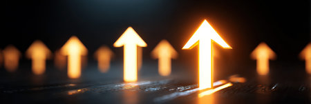 Upward glowing arrows indicate the right investment direction on a dark background showing options for financial growth and success in investing.の素材