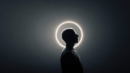 Visual shows a human silhouette highlighted by a circle of light, set against a dark neutral background, symbolizing thoughts and decision making.の素材