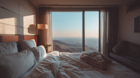 A hotel room features a large window showing a panoramic view. The design is minimal with soft light enhancing the space during sunset hours.の素材
