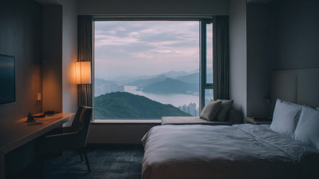 This hotel room features a large window with a panoramic view of mountains and water, showing simple design and pleasant light.の素材