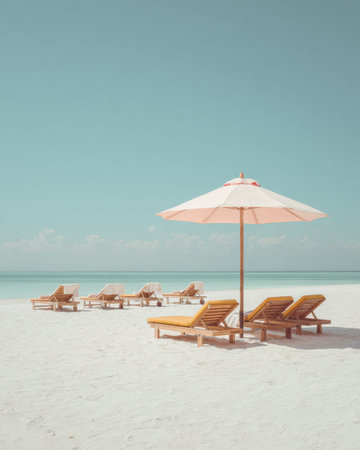 Sun loungers with a pink umbrella set on white sand at a beach resort. The clear sky and soft colors create an inviting space for vacation.の素材