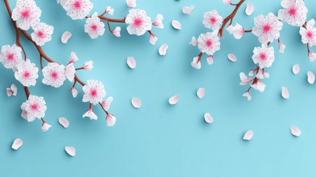 Bright spring flowers with pink centers spread across a blue background, accompanied by scattered flower petals, creating an open and lively sceneの素材