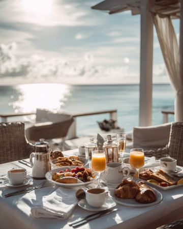 Breakfast is served on a terrace with views of the ocean. Soft morning light highlights plates of food and drinks.の素材
