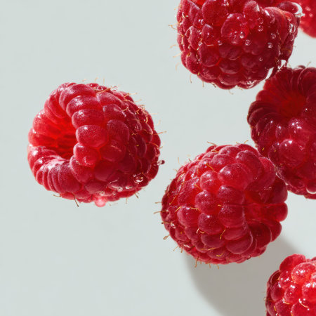 Raspberries are arranged in a floating style against a light background, creating a clean and simple food design with areas for text.の素材