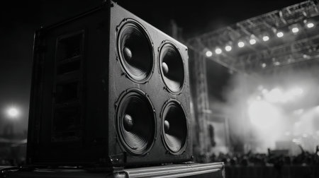 Large concert sound system provides clear sound for a live music performance in a lively setting with a dark backdrop.の素材
