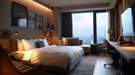 A minimal premium room set up for business success with a large window showing the city skyline during dusk. The space features a bed and a desk.の素材