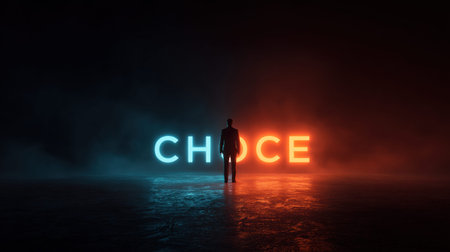A figure stands in a dark space facing glowing letters that spell choice, showing the weight of decisions for CEOs in a moment of contemplation.の素材