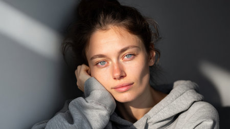 A person sits quietly in a softly lit space, resting their face on their hand, reflecting on thoughts during the day.の素材