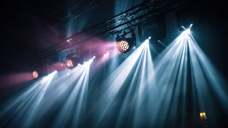 Bright lights shine from moving heads, casting sharp rays in a concert setting, illuminating the stage space.の素材