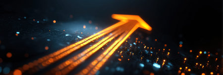 An upward glowing arrow toward points a bright future on a dark background, suggesting the right investment path to take for success and growth.の素材