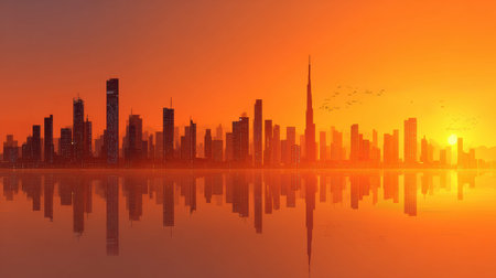 Skyline of a modern city under sunset glow with reflections in the water, creating a scene ideal for travel branding and exploration.の素材