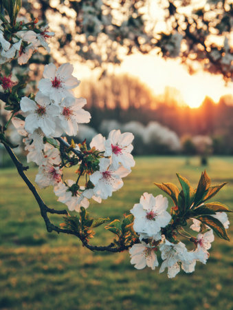 White flowers bloom on branches as the sun sets. Soft light fills the open space, creating a warm atmosphere in spring.の素材