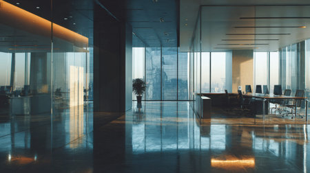 A modern office interior with glass walls and stylish furniture. Natural light enters from large windows, highlighting the design.の素材