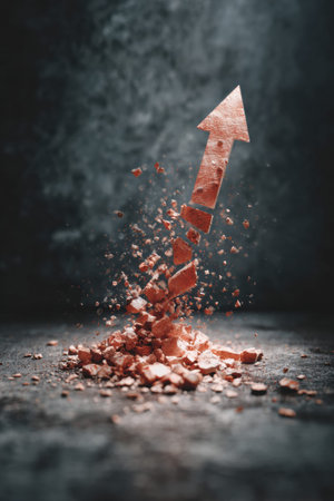 An arrow breaks upward through a pile, showing the idea of growth strategy and overcoming challenges in a darkened space.の素材