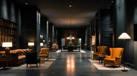 Lobby space in a business hotel with dark luxury tones features seating areas, a reception desk, and soft lighting for guest comfort.の素材