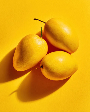 Three mangoes arranged on a yellow background with studio lighting create a modern look and ample space for text or design elements.の素材